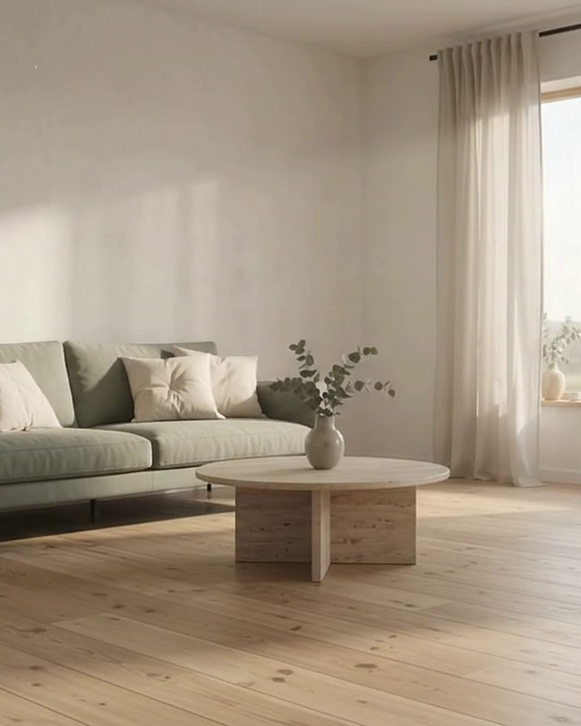 Lys skandinavisk stue med grøn sofa, sofabord og hvide gardiner